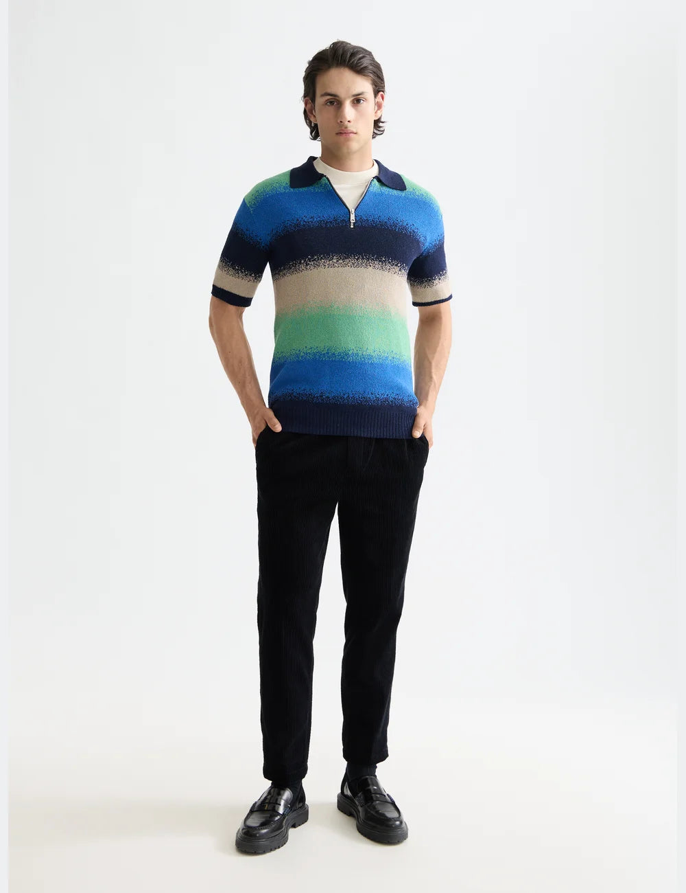 Knitted Degrade Polo full model shot showing overall fit by Scotch & Soda