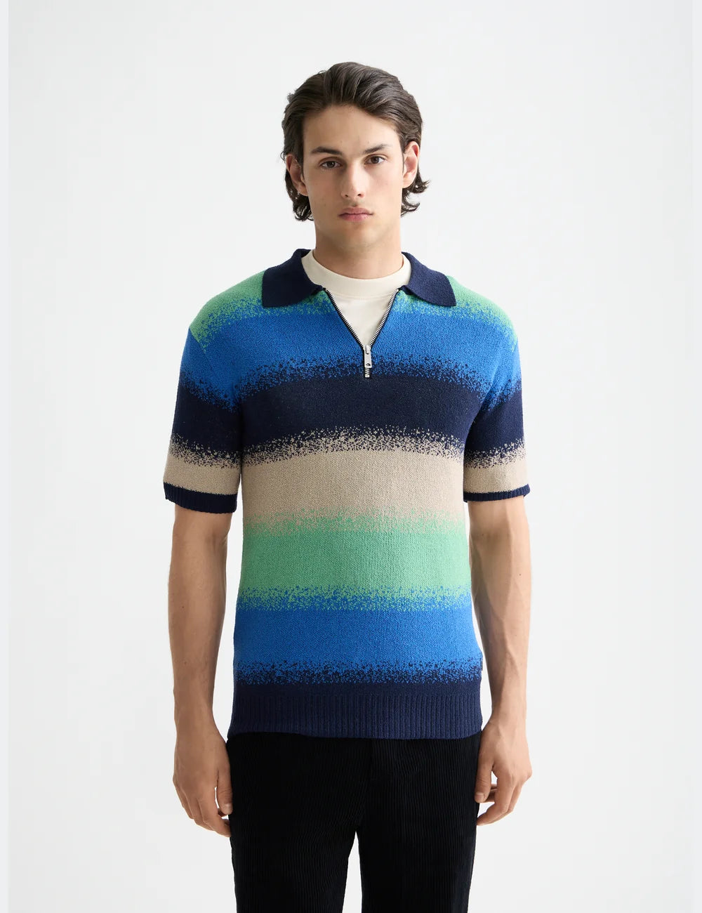 Knitted Degrade Polo close-up on model showing fit and detail by Scotch & Soda