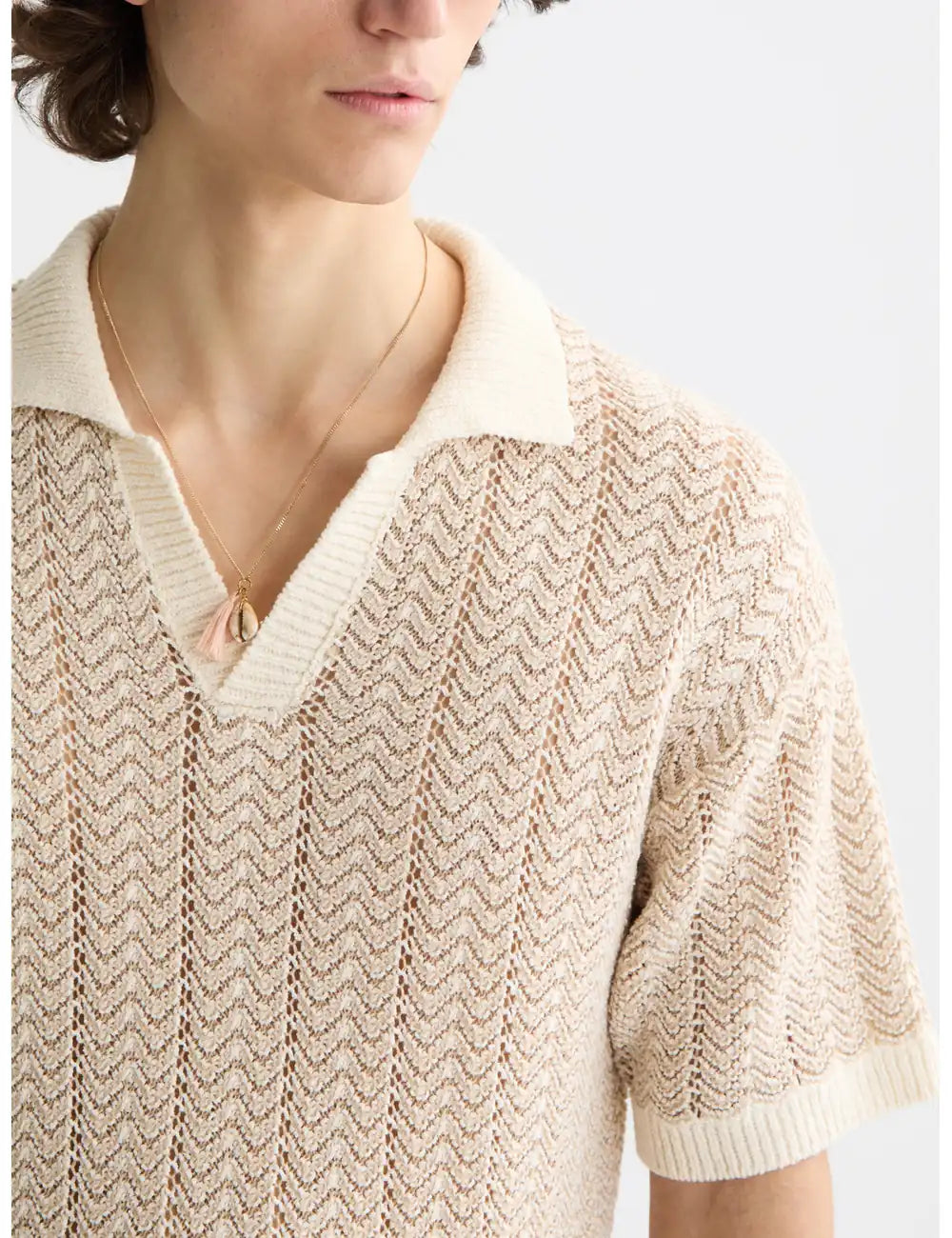 Knitted V Neck Polo close-up on model showing fit and detail by Scotch & Soda