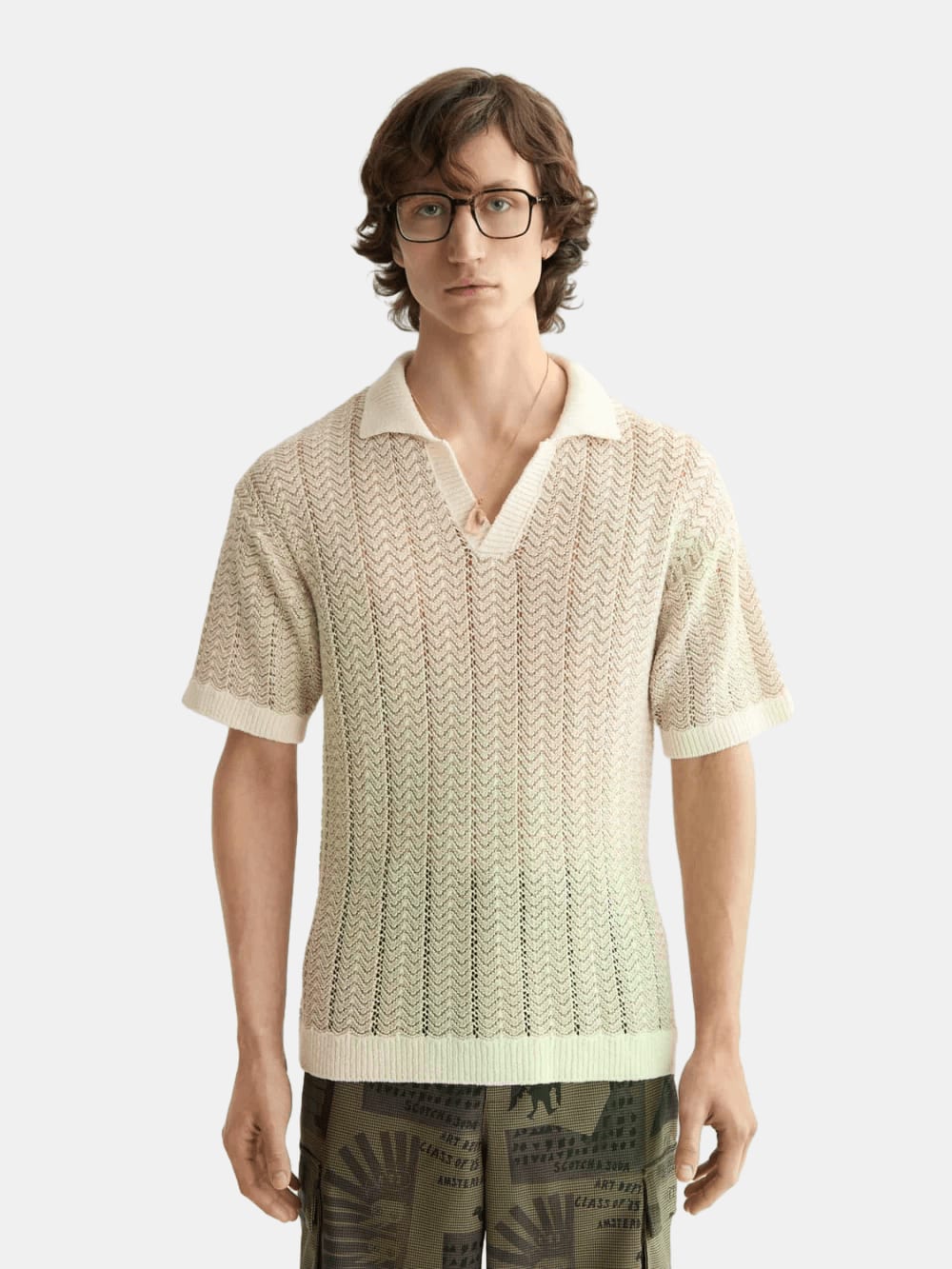 open-structured-knitted-v-neck-polo front view by Scotch & Soda