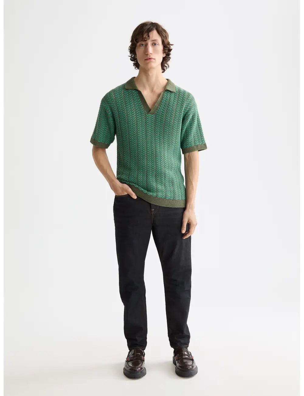 Knitted V Neck Polo full model shot showing overall fit by Scotch & Soda