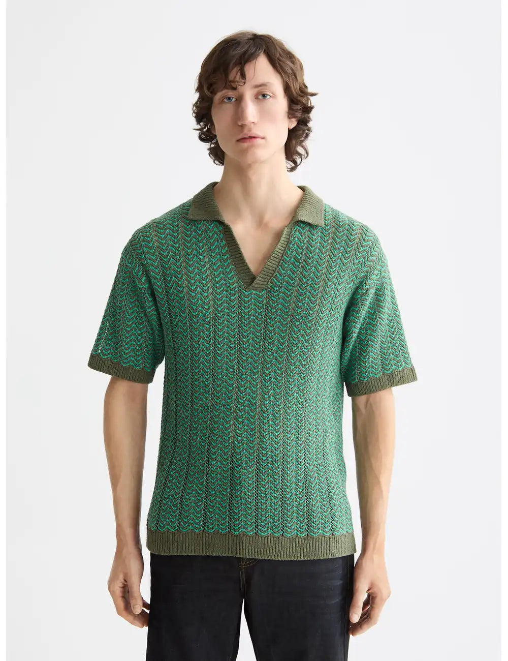 Knitted V Neck Polo close-up on model showing fit and detail by Scotch & Soda