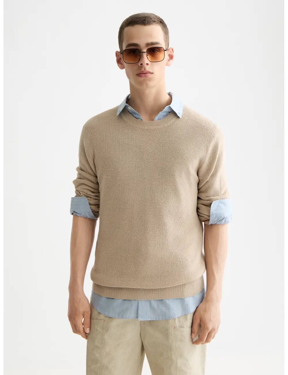 Linen Blend Crew Neck close-up on model showing fit and detail by Scotch & Soda