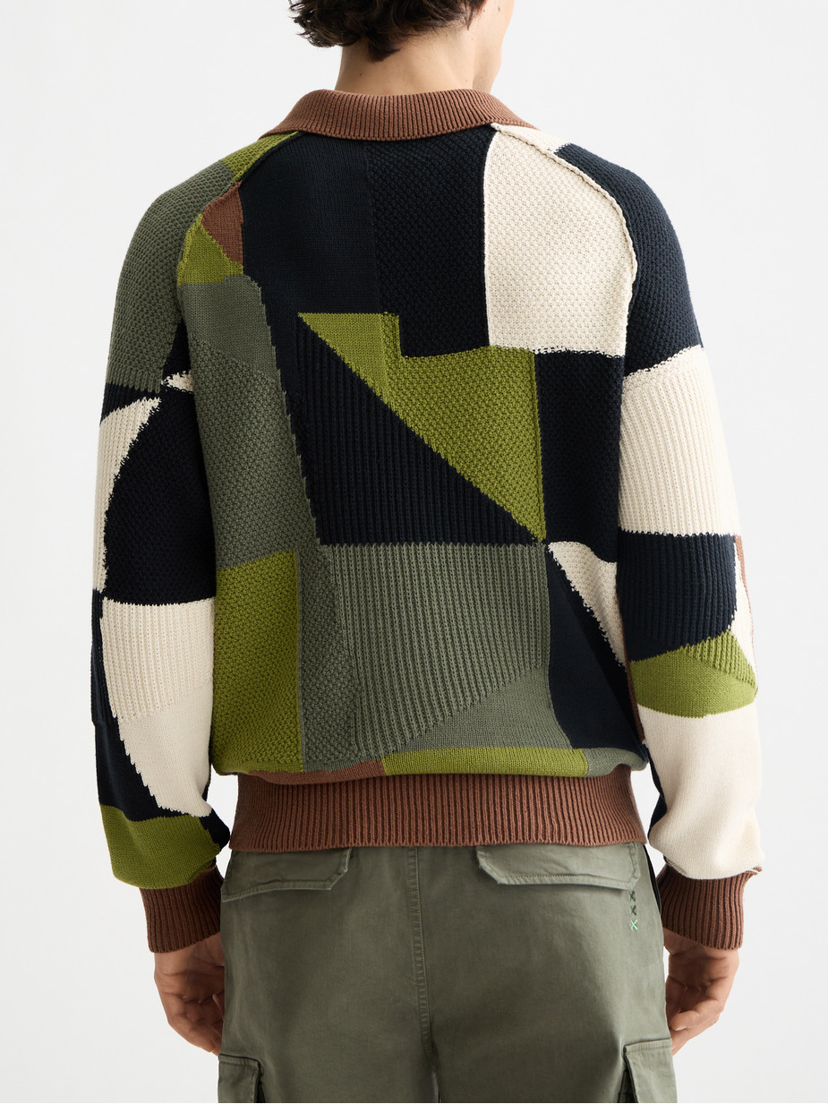 Patch work long sleeve polo