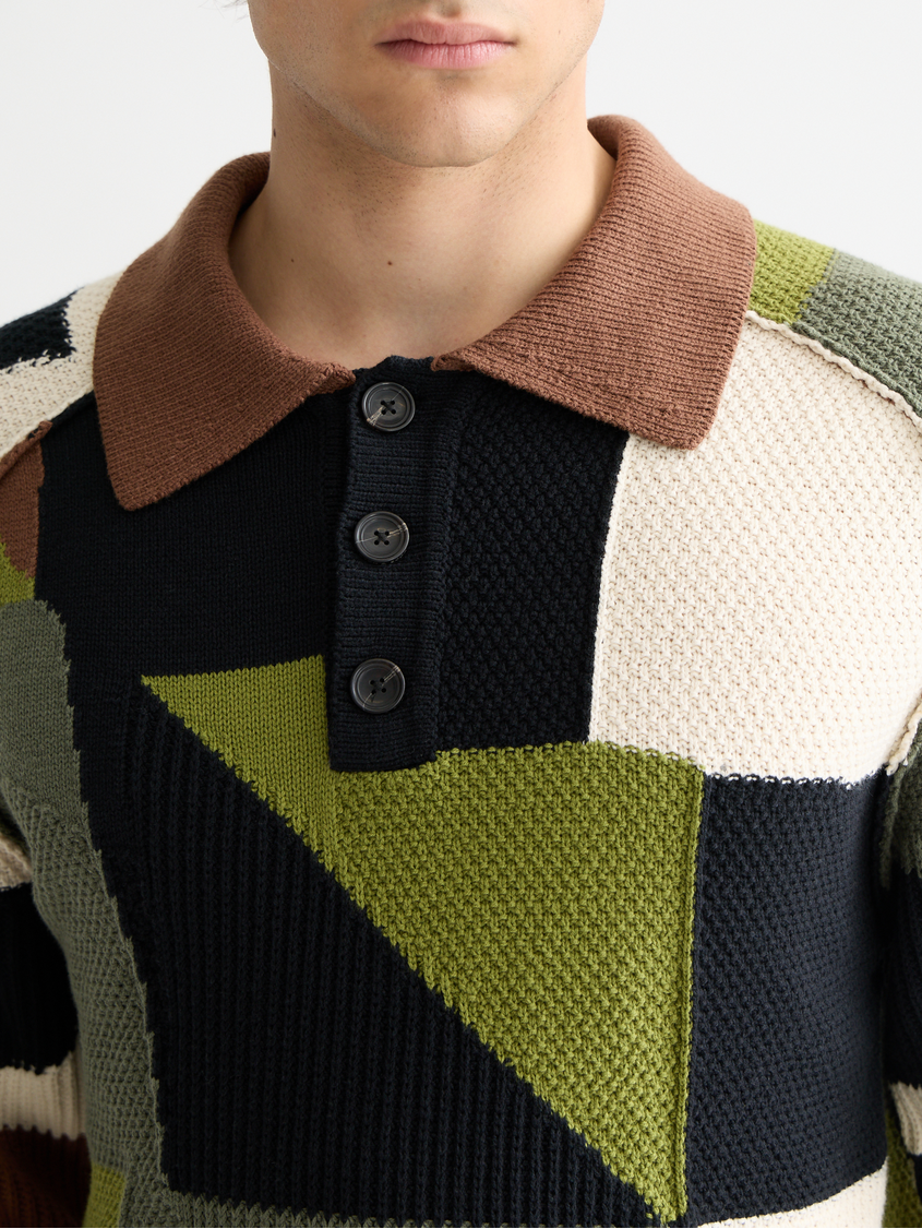 Patch work long sleeve polo