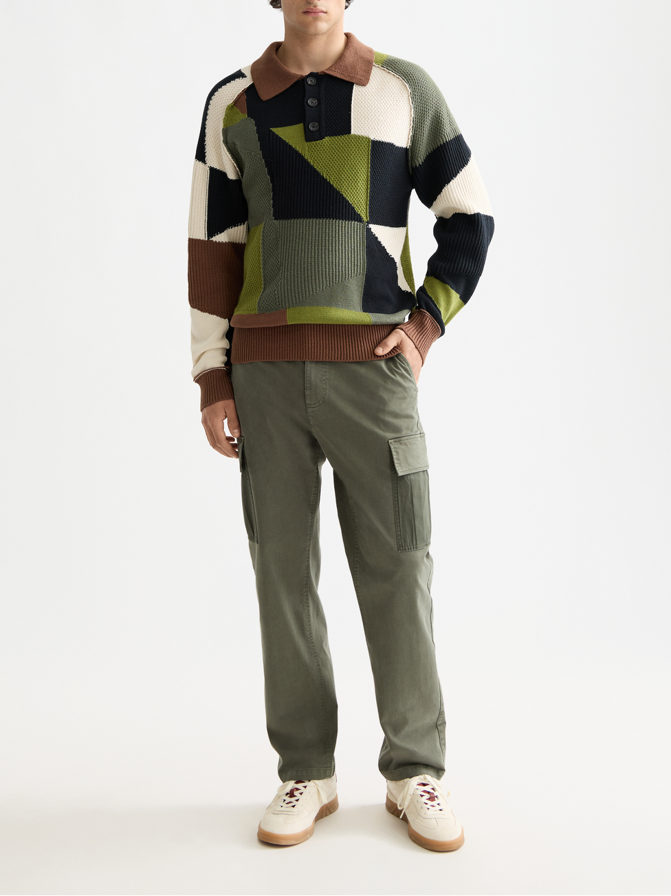 Patch work long sleeve polo