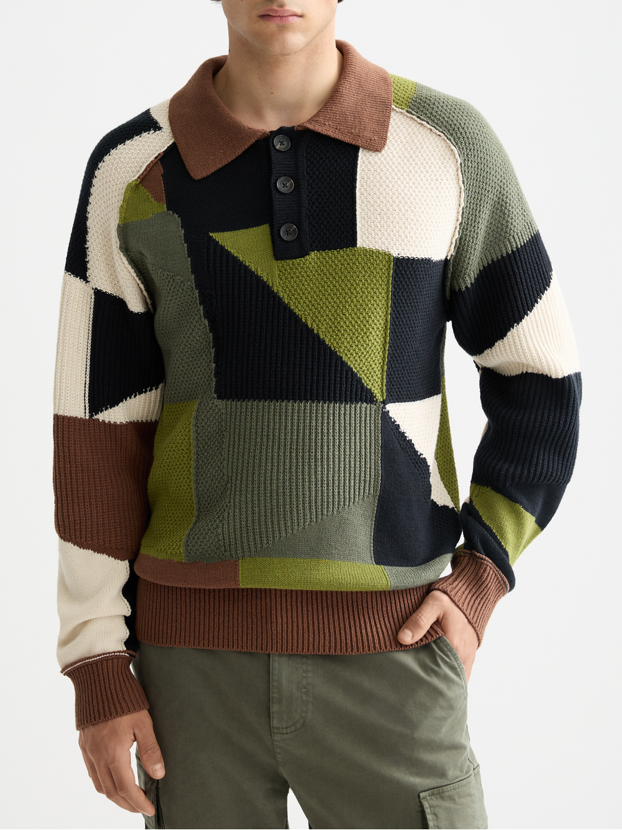 Patch work long sleeve polo