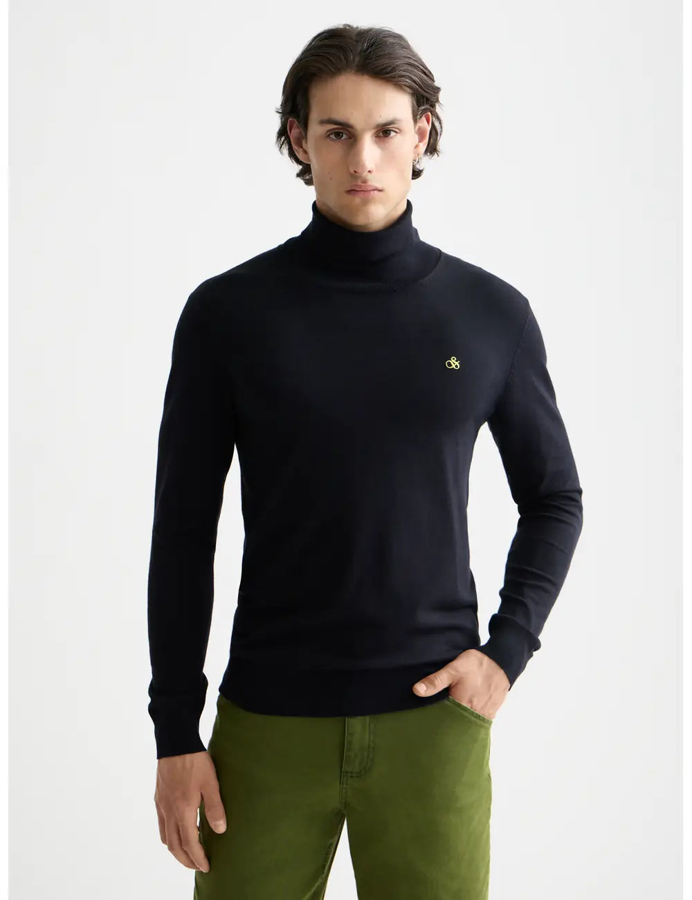 Ecovero Turtleneck Sweater close-up on model showing fit and detail by Scotch & Soda