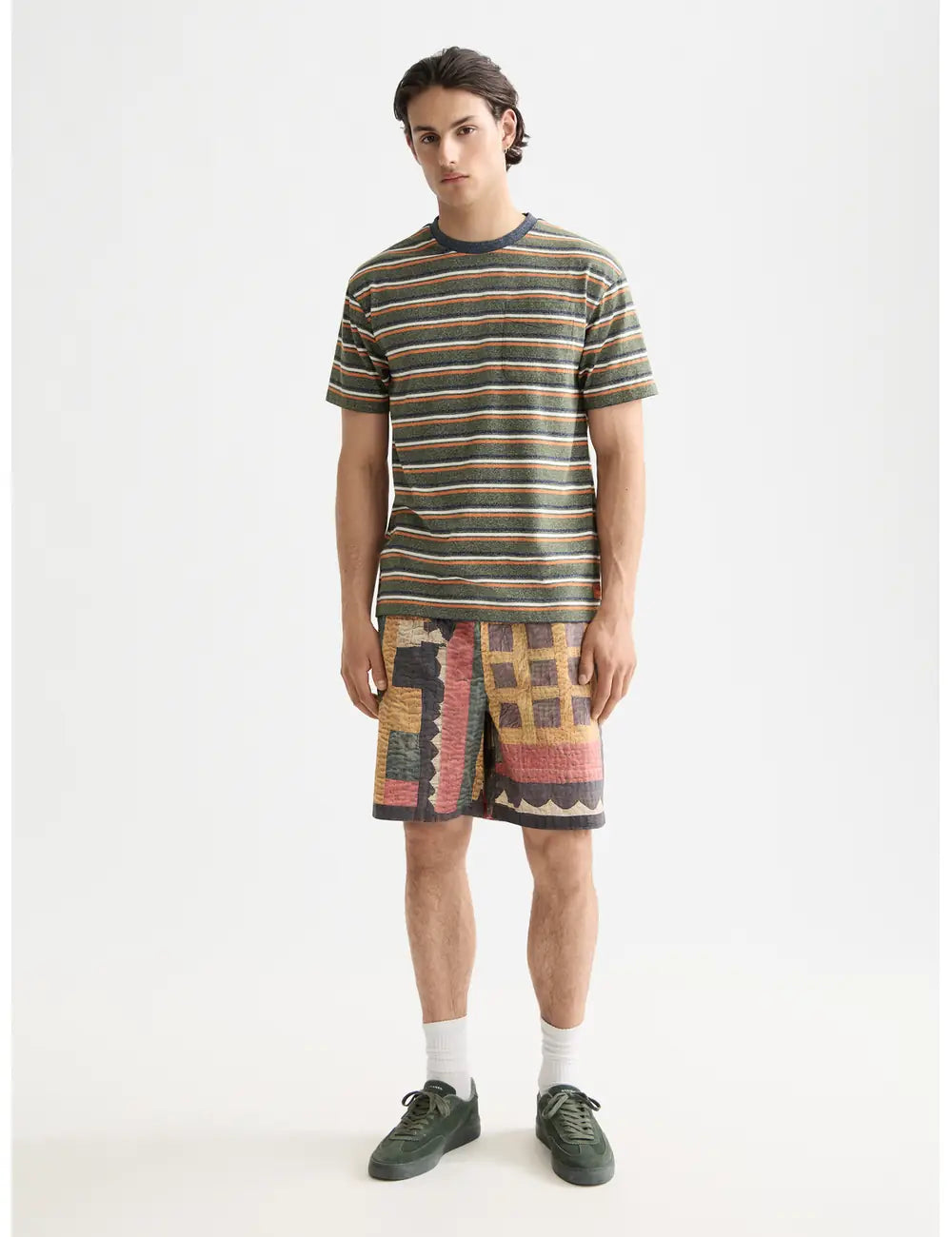 Patchwork Cotton Bermuda full model shot showing overall fit by Scotch & Soda