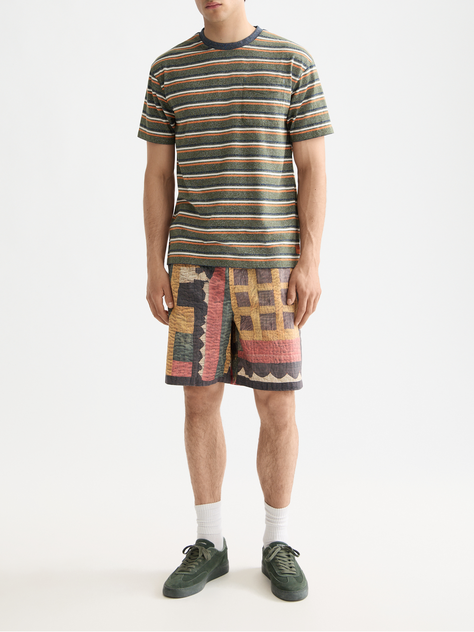 Printed patchwork cotton-poplin loose bermuda