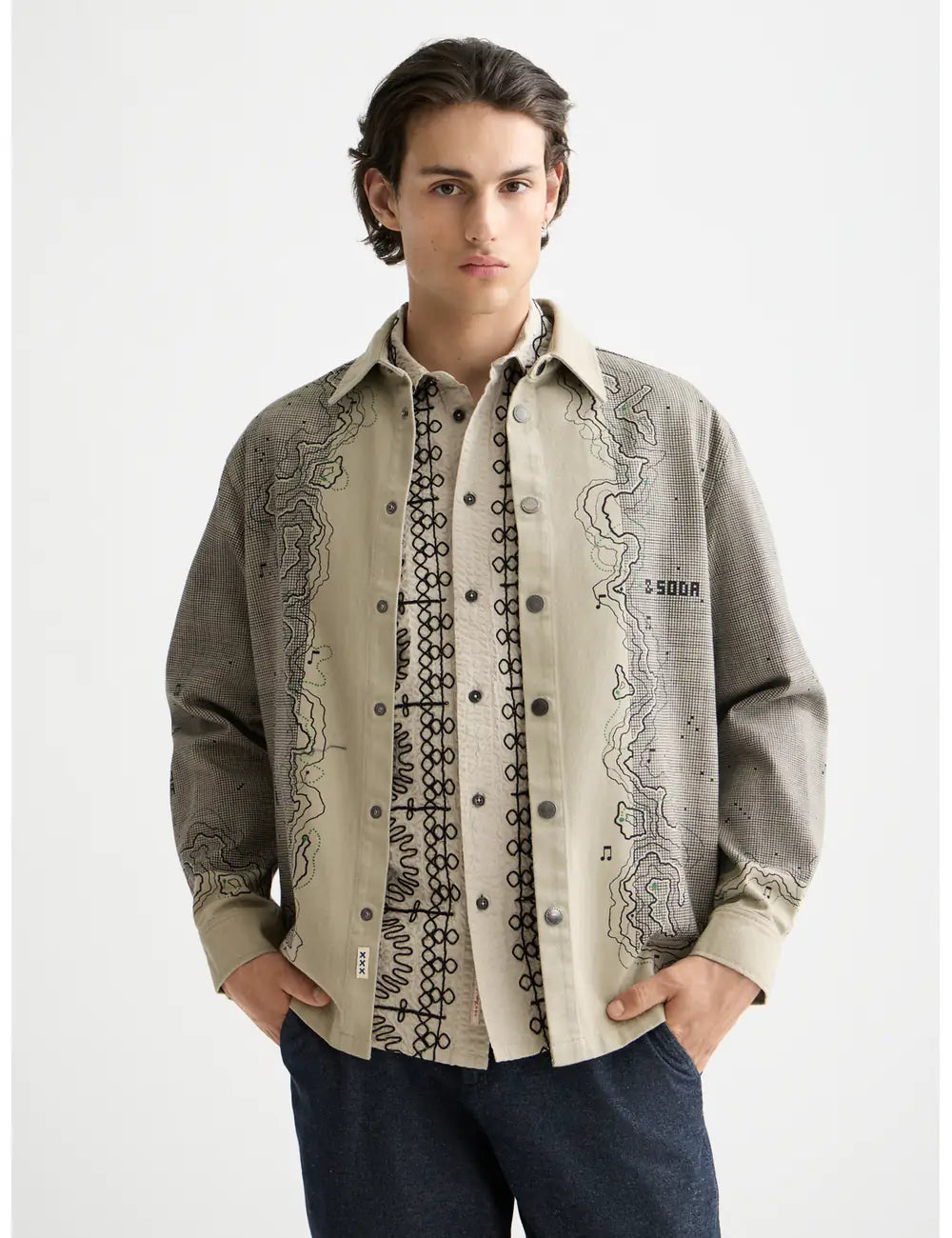 Medium Beige Placement Graphic Overshirt front view by Scotch & Soda