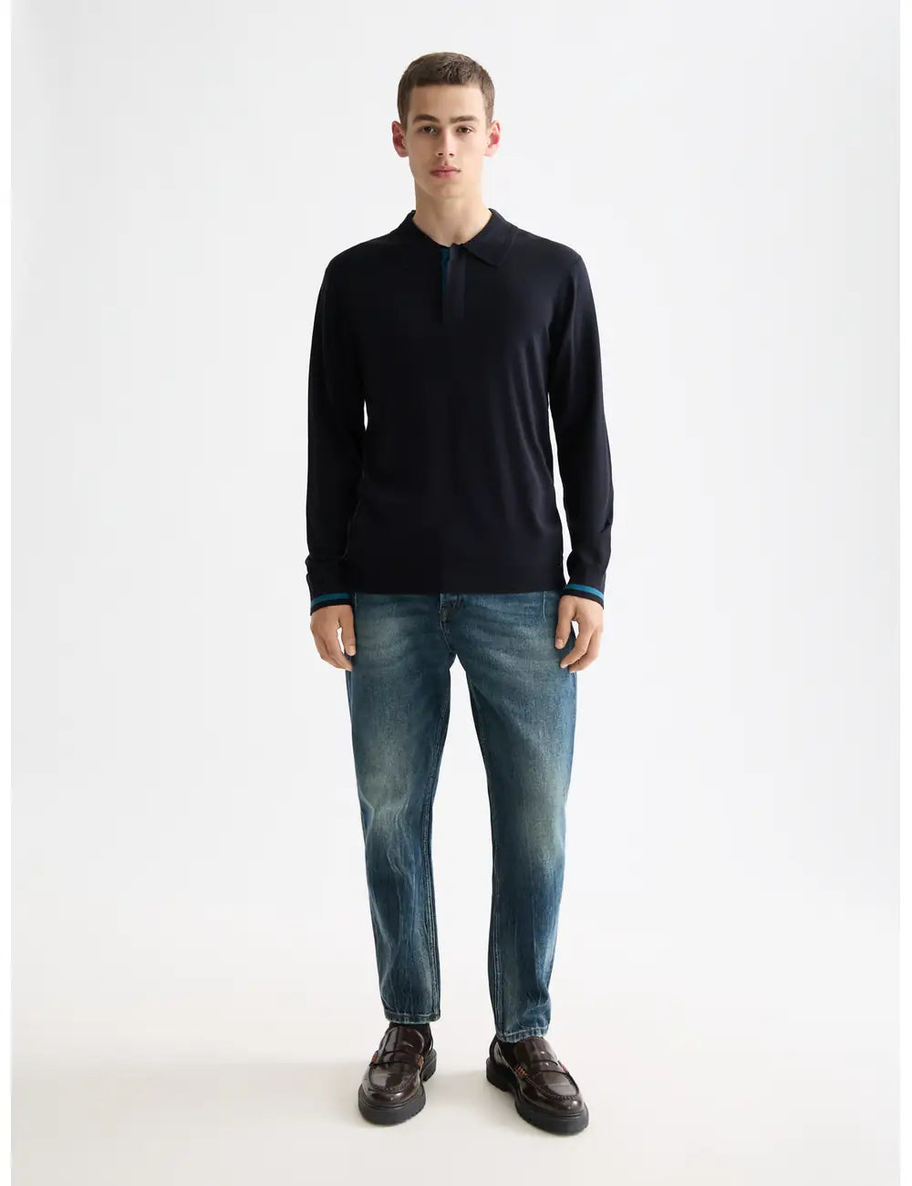 Knitted Long Sleeve Polo full model shot showing overall fit by Scotch & Soda