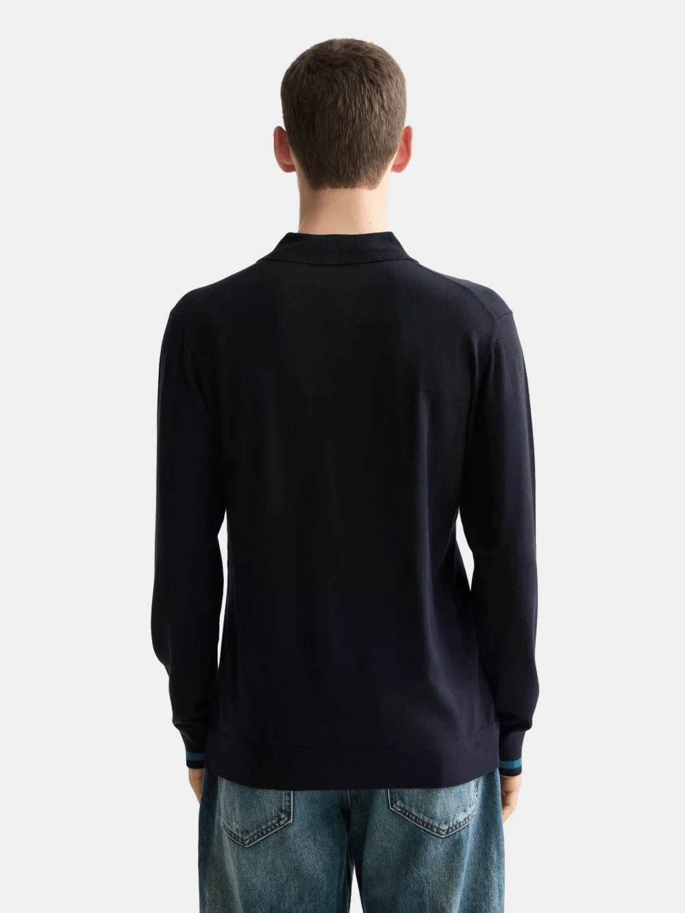 Ecovero Blend Knitted Long Sleeve Polo back view showing fit and finish by Scotch & Soda