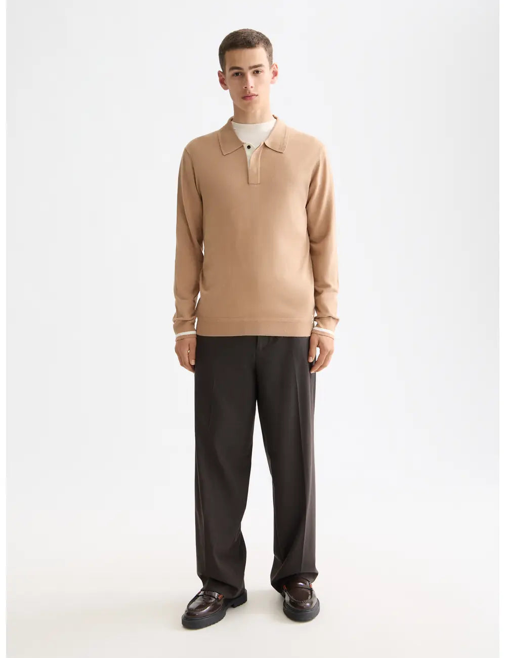 Knitted Long Sleeve Polo full model shot showing overall fit by Scotch & Soda
