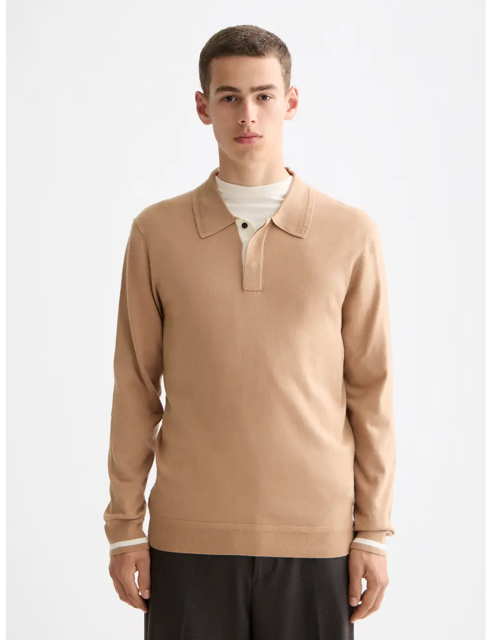 Knitted Long Sleeve Polo close-up on model showing fit and detail by Scotch & Soda