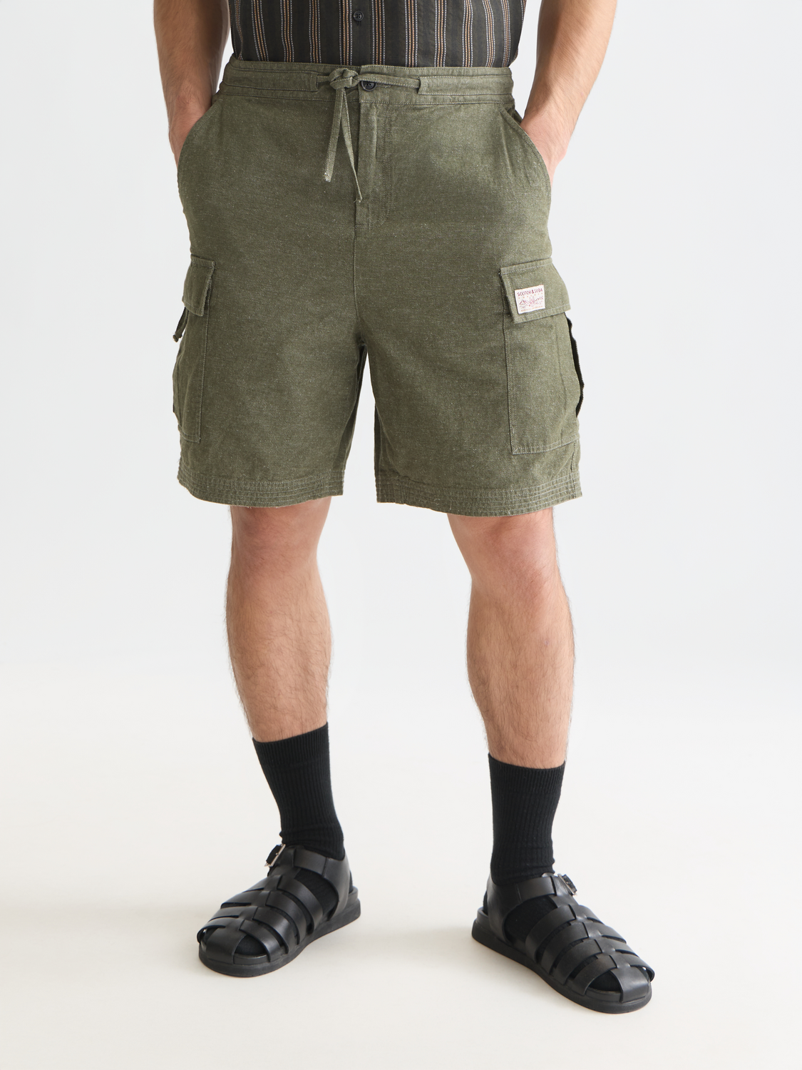 Linen-blend relaxed cargo bermuda shorts