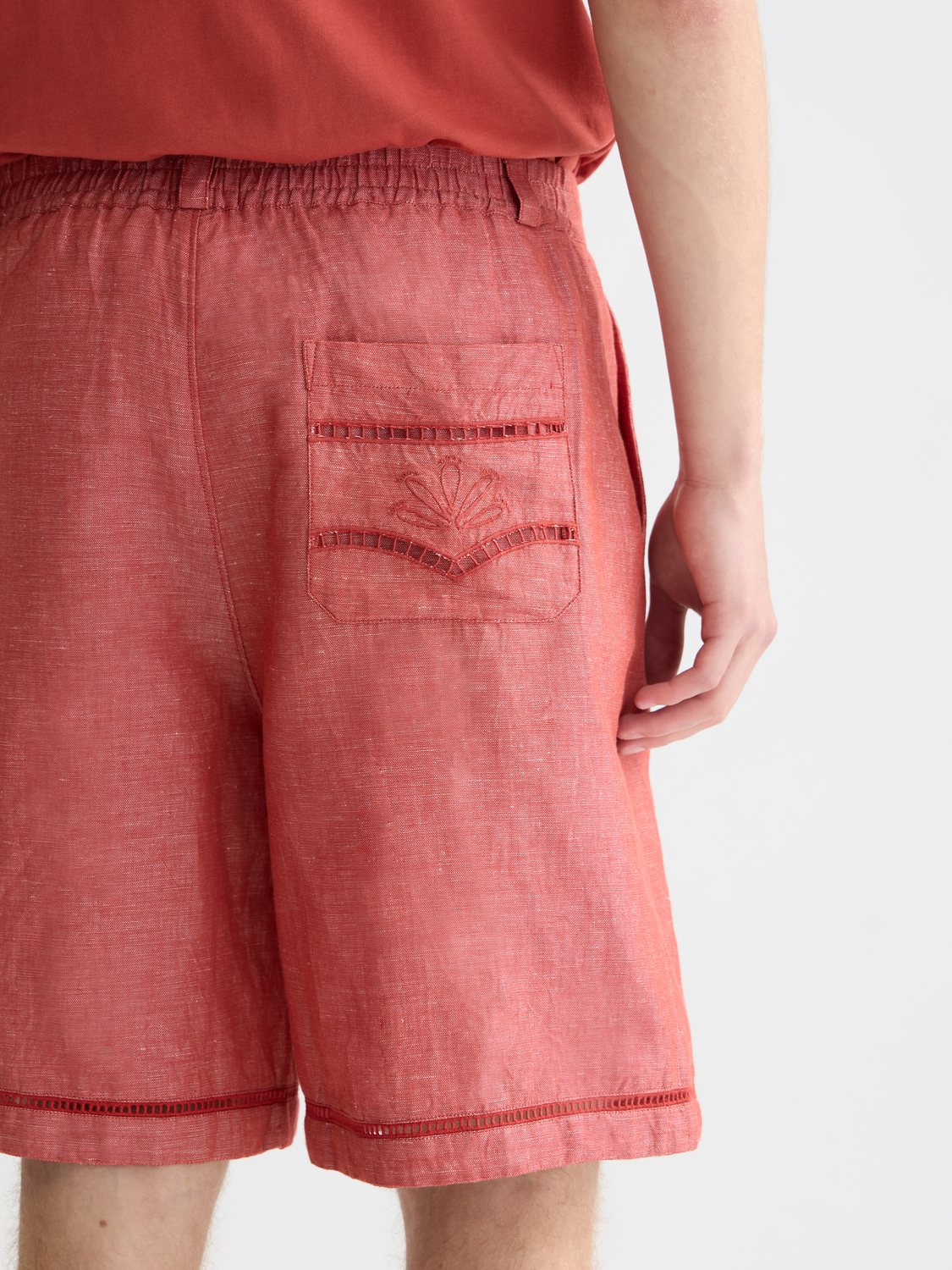Embroidered linen-blend wide bermuda shorts