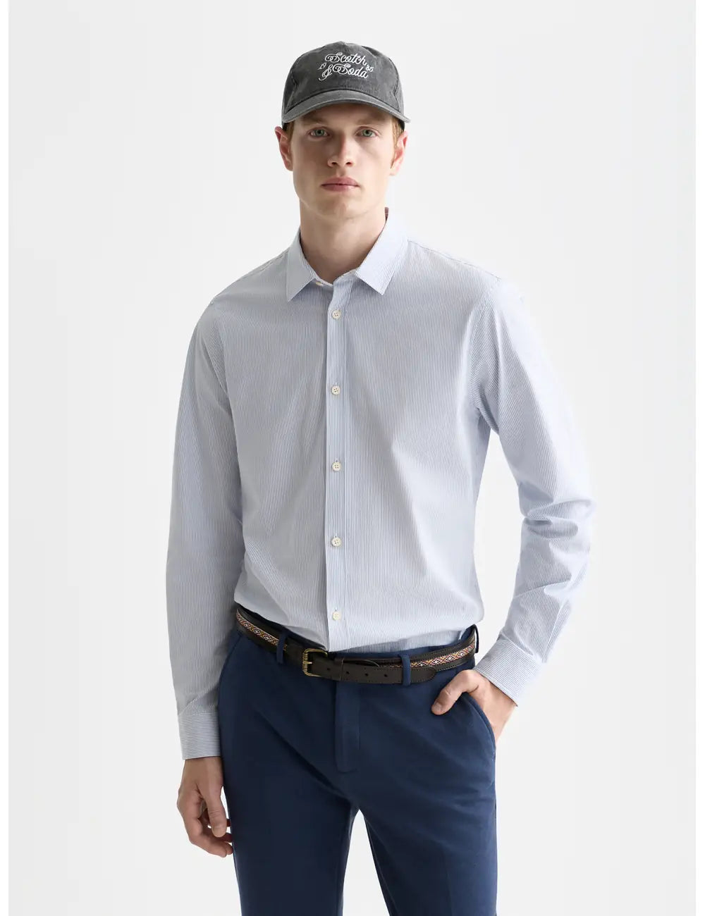 Navy Striped Slim-fit Poplin Shirt front view by Scotch & Soda