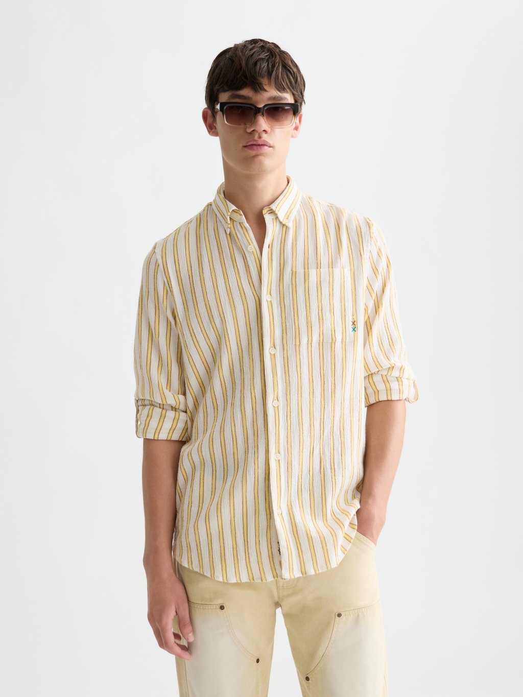 Striped crinkle structure shirt