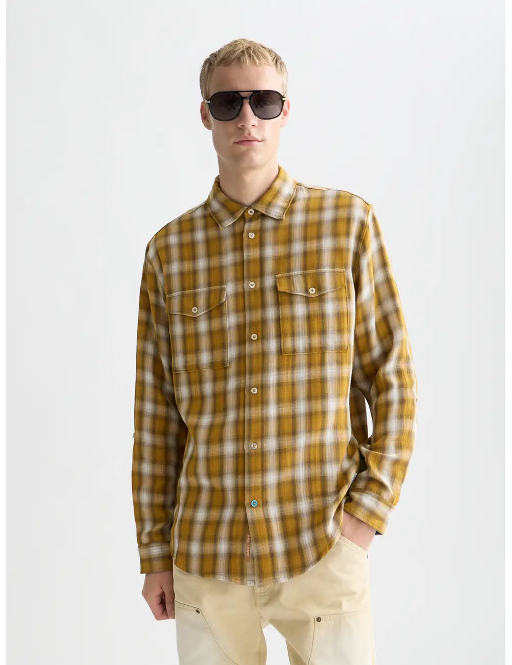 Med Yellow Double Cloth Check Relaxed Fit Shirt front view by Scotch & Soda