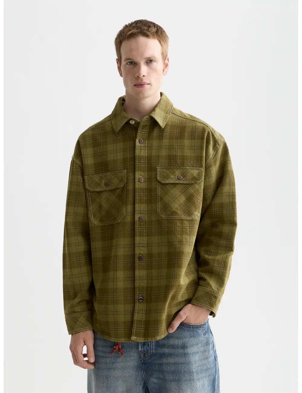Dark Green Washed Denim Checked Overshirt front view by Scotch & Soda