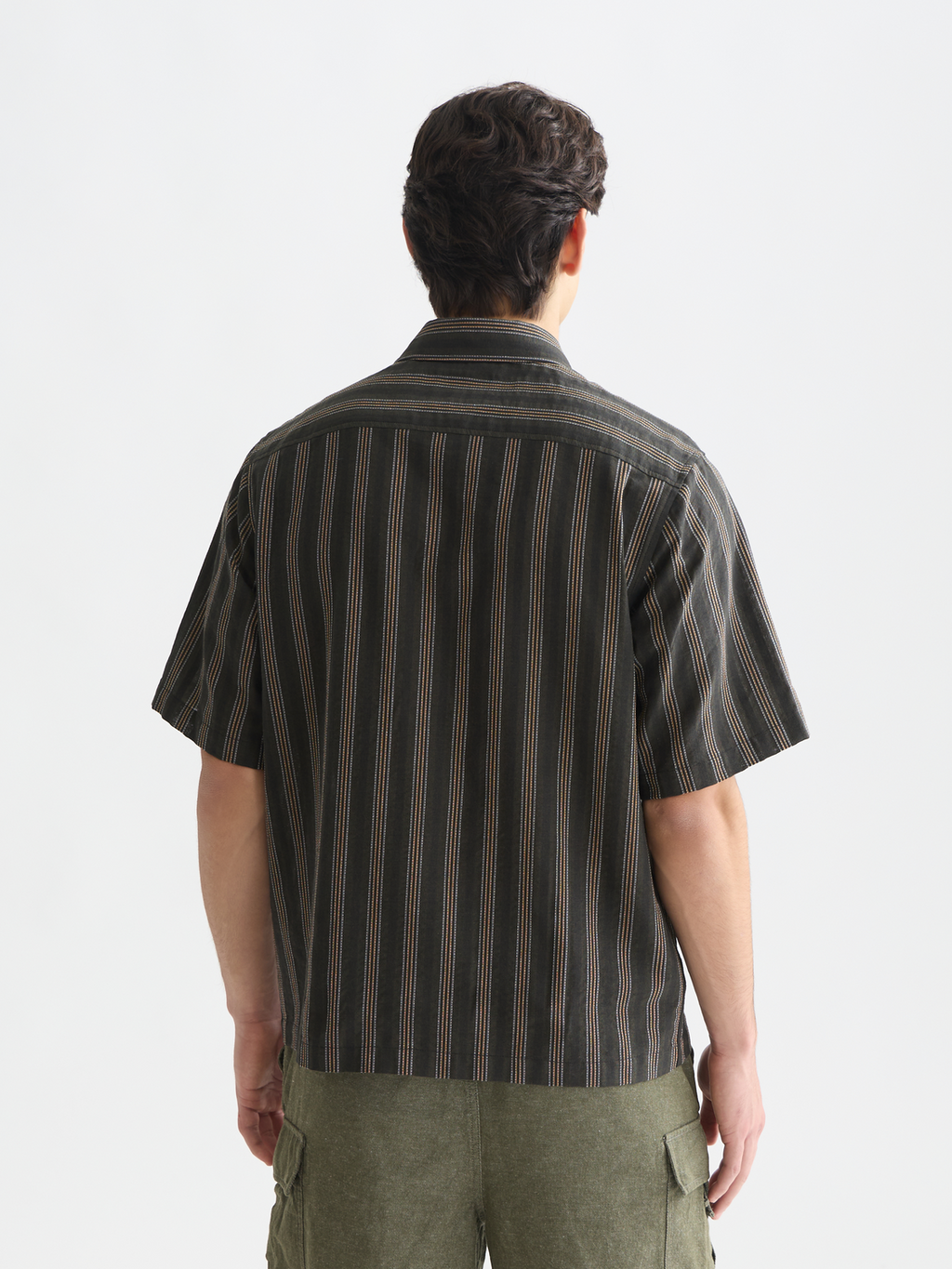 Structured stripe relaxed short sleeve shirt