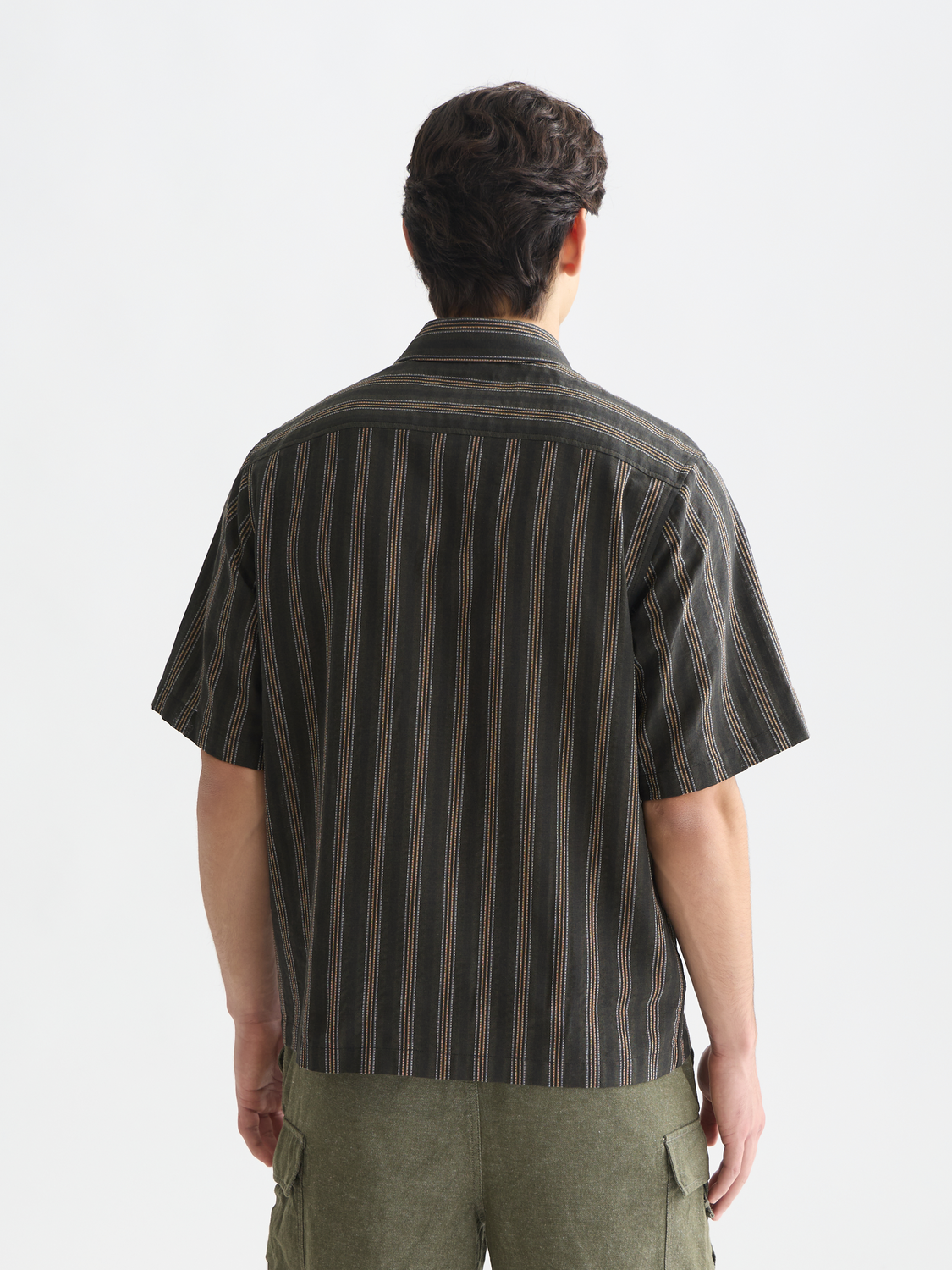Structured stripe relaxed short sleeve shirt