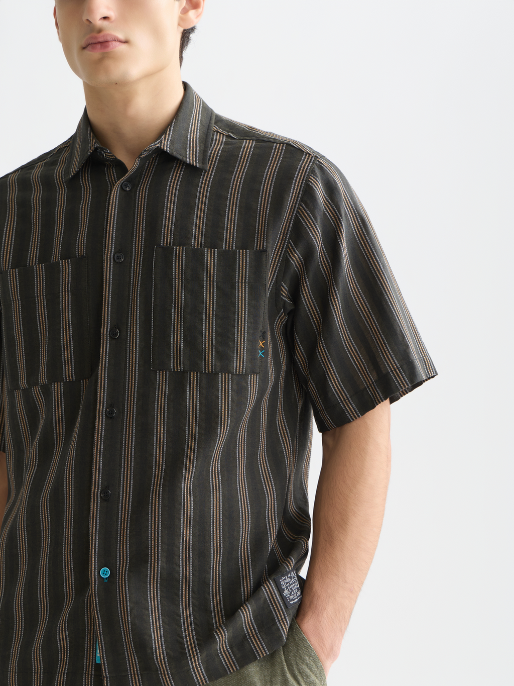 Structured stripe relaxed short sleeve shirt