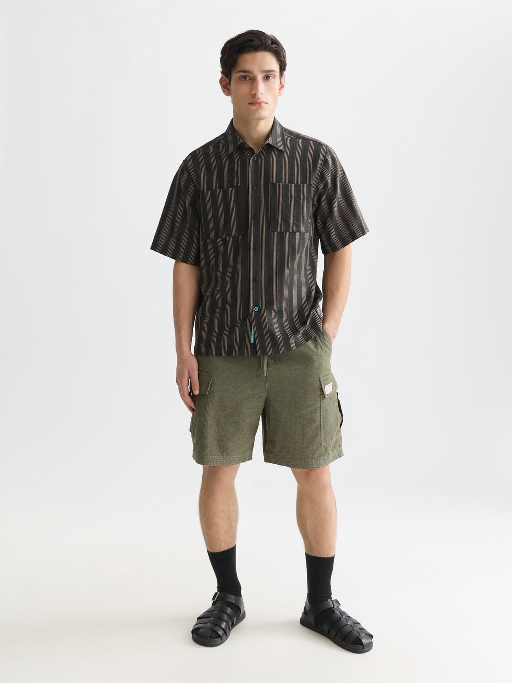 Structured stripe relaxed short sleeve shirt