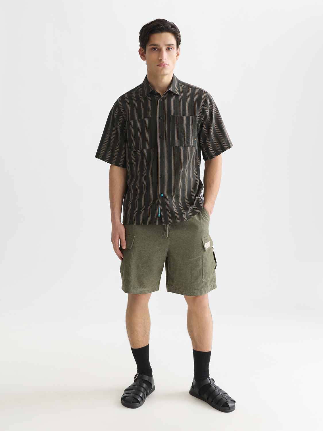 Structured stripe relaxed short sleeve shirt