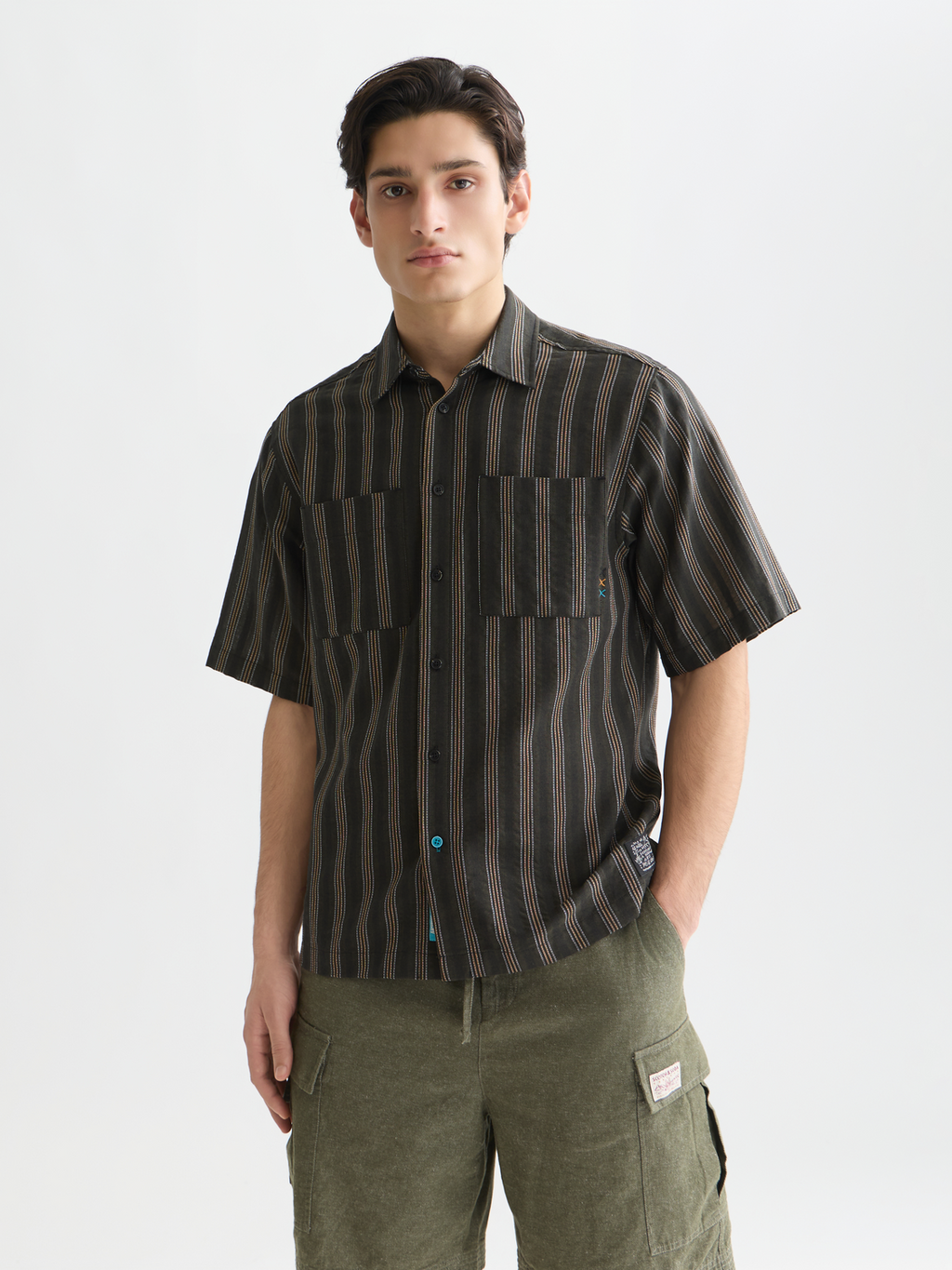 Structured stripe relaxed short sleeve shirt