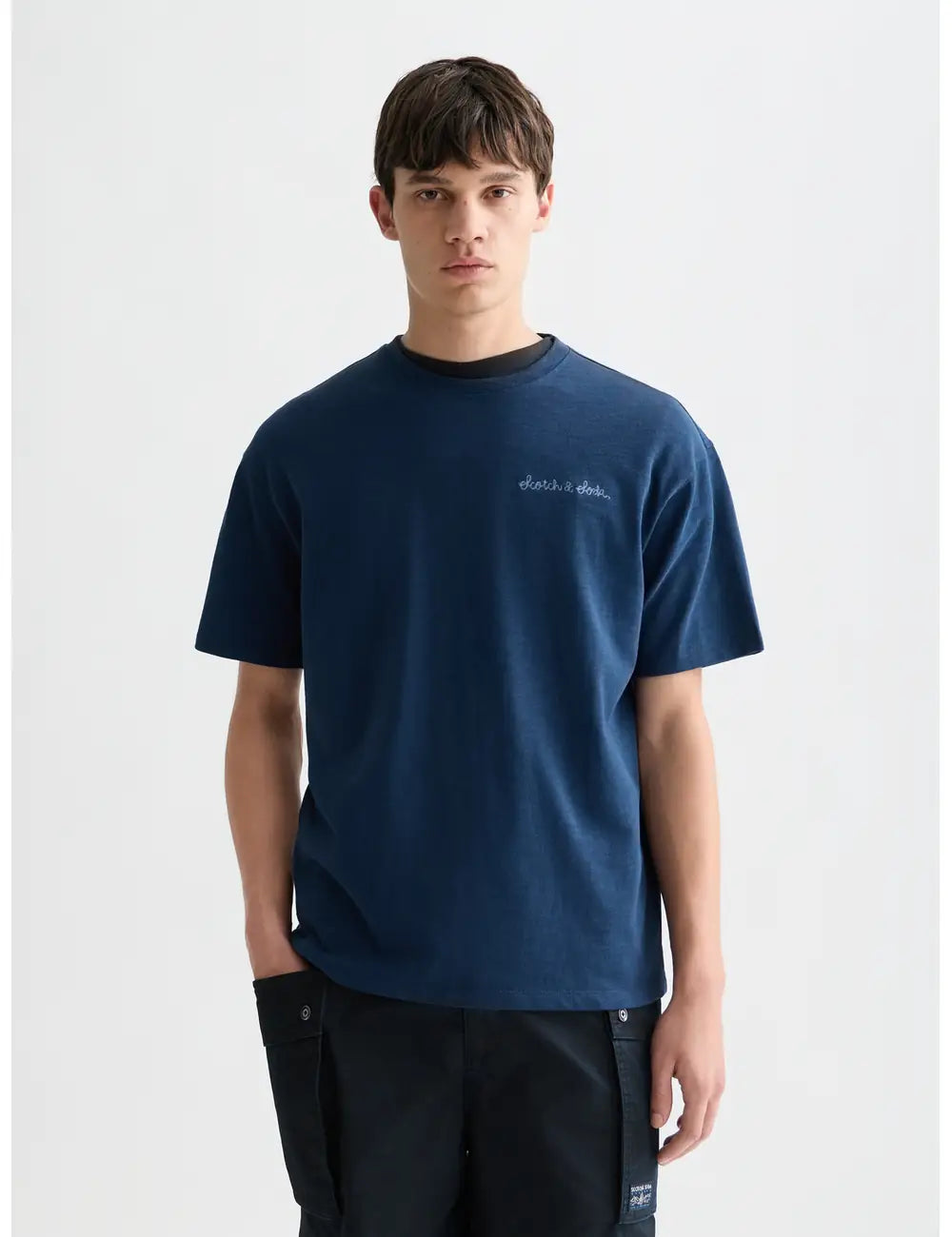 Navy Slubyarn Chest Pocket Artwork Relaxed Fit T-shirt front view by Scotch & Soda