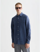 Navy Seasonal Core Linen Regular-fit Shirt close-up on model by Scotch & Soda
