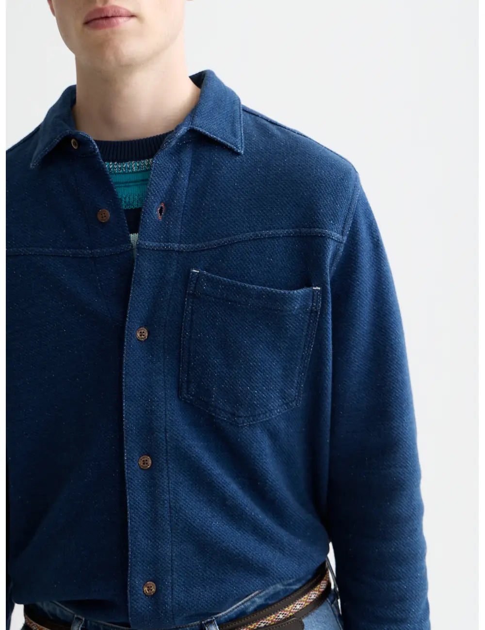Washed Indigo Textured Jersey Shirt detail shot of fabric and craftsmanship by Scotch & Soda