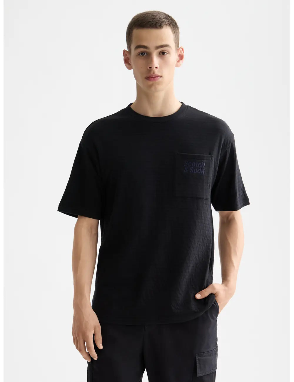 Double Face Jersey Tee close-up on model showing fit and detail by Scotch & Soda