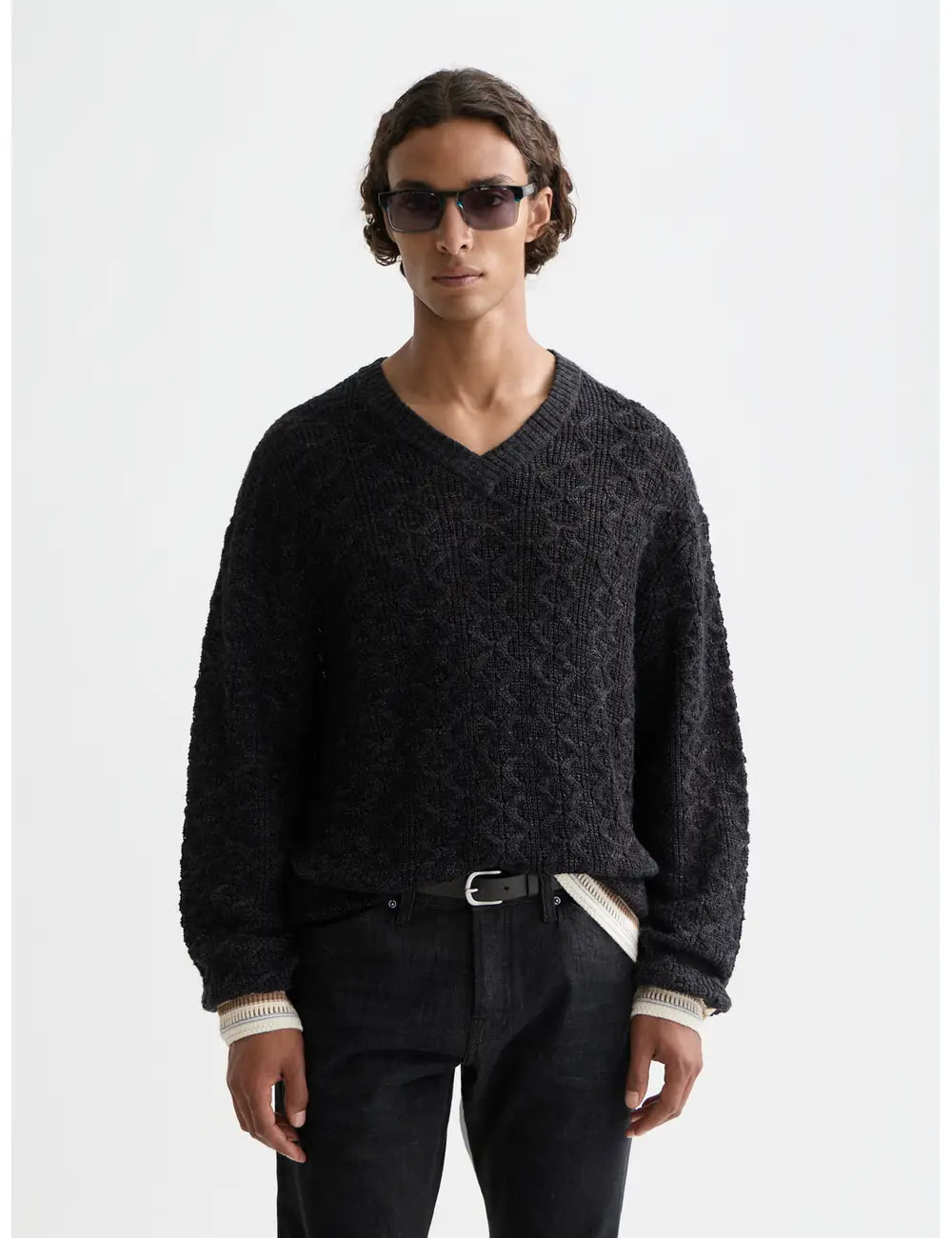 Dark Brown V-neck Cable Loose-fit Pullover front view by Scotch & Soda