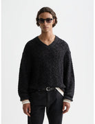Dark Brown V-neck Cable Loose-fit Pullover front view by Scotch & Soda