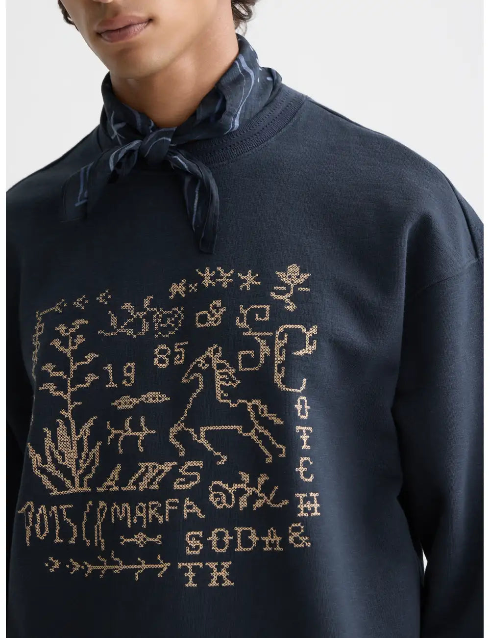 Cross Stitch Artwork Relaxed-fit Sweat-shirt detail shot of fabric and craftsmanship by Scotch & Soda