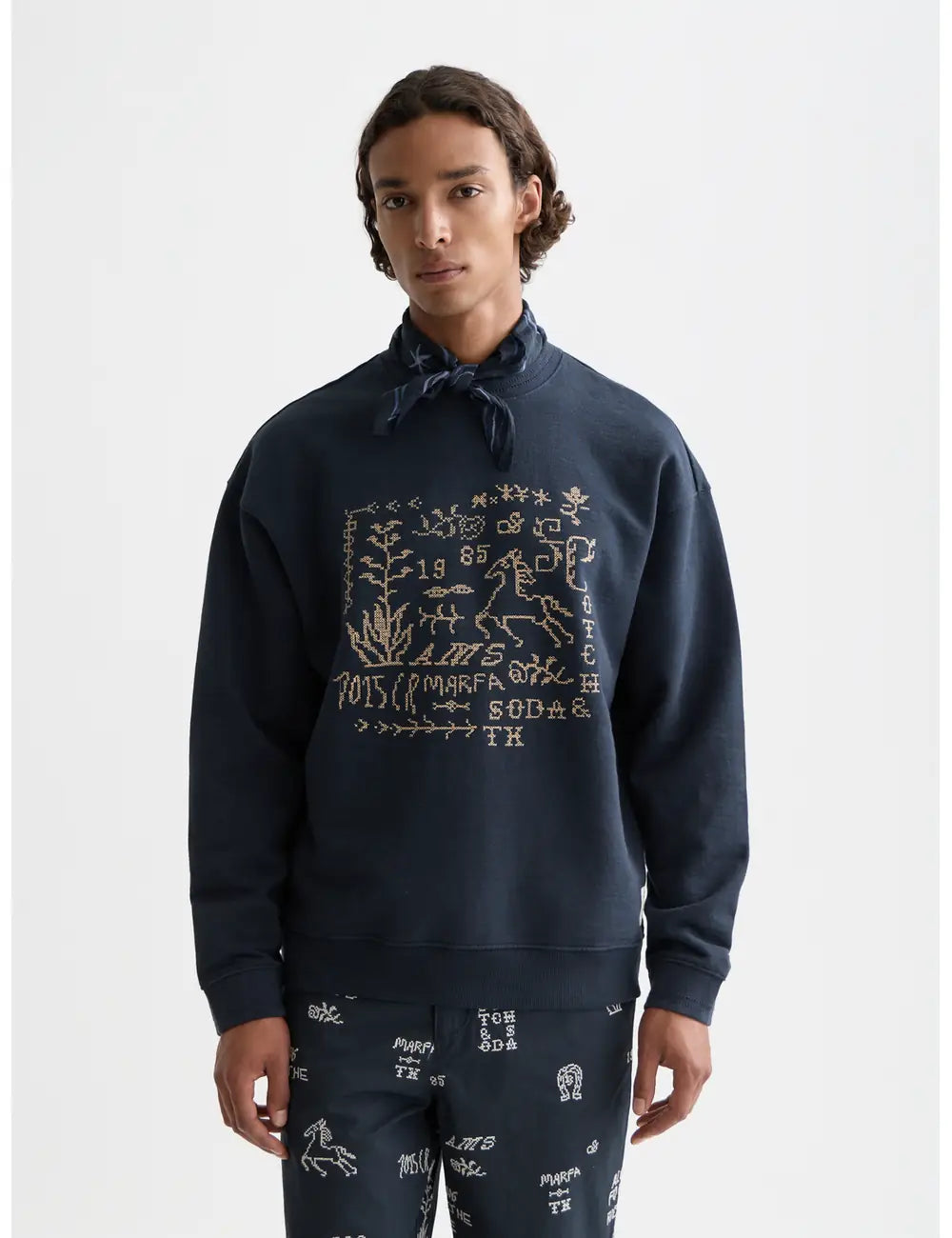 Dark Grey Cross Stitch Artwork Relaxed-fit Sweat-shirt front view by Scotch & Soda