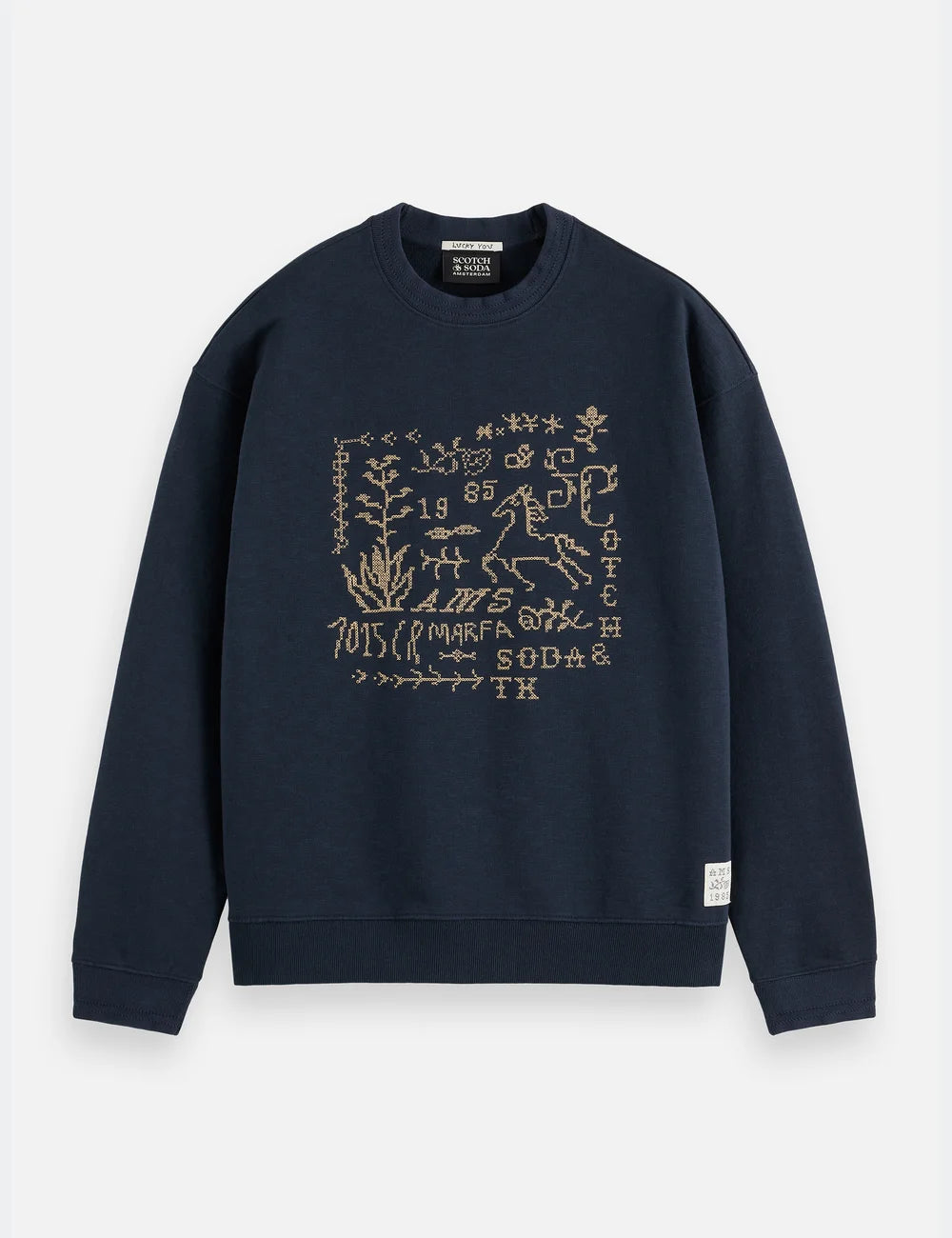 Cross Stitch Artwork Relaxed-fit Sweat-shirt flat lay showing product details by Scotch & Soda
