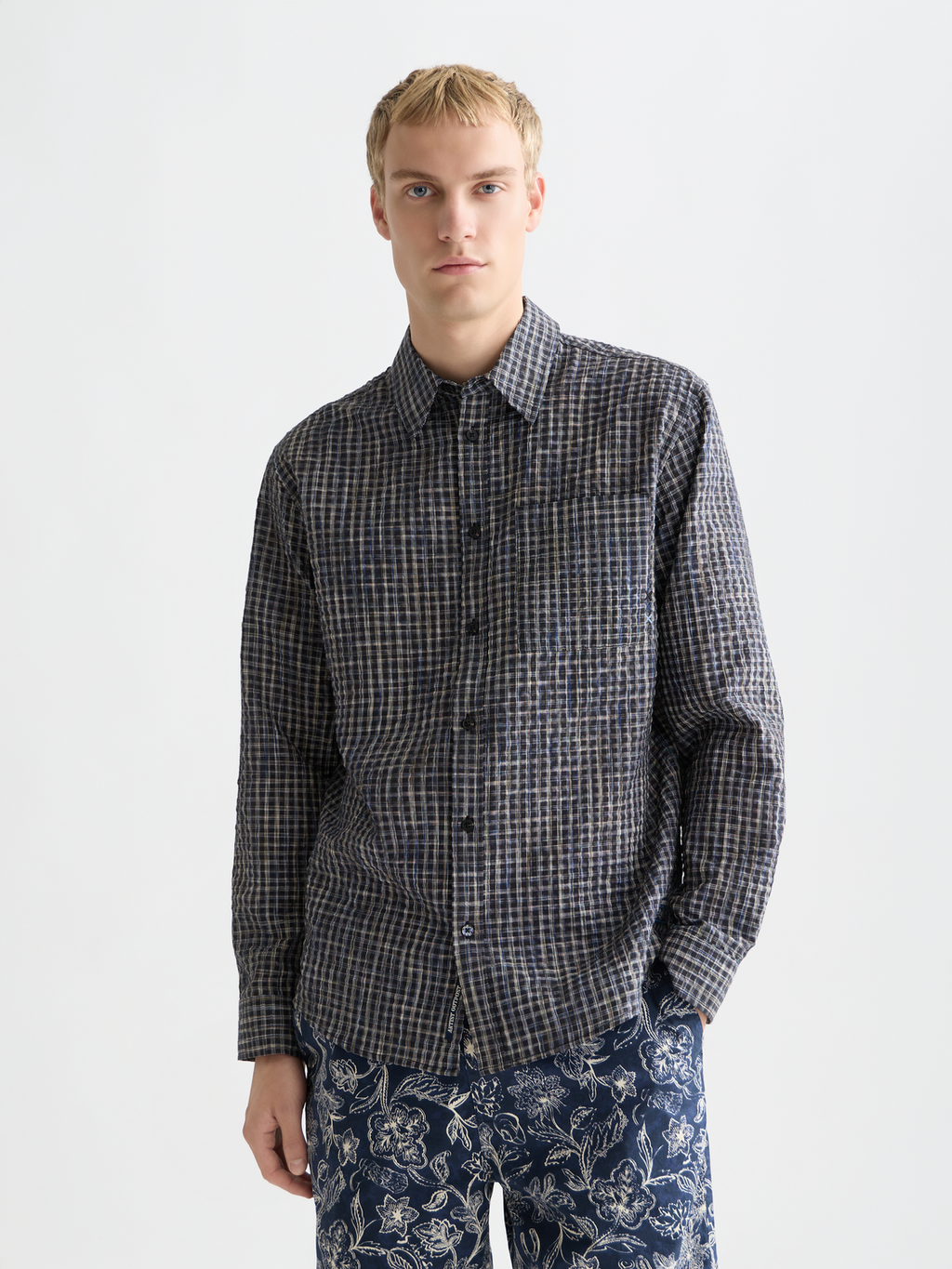 Seersucker micro-check relaxed shirt