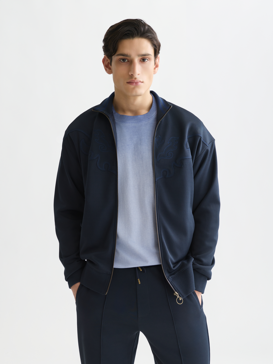 Interlock embroidered relaxed zip-up track top