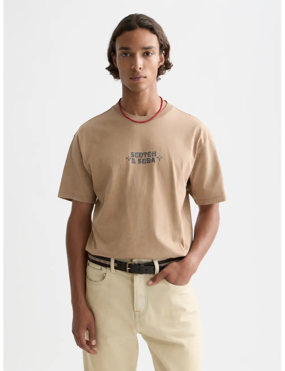 Medium Beige Front Artwork Relaxed-fit Snow-washed T-shirt front view by Scotch & Soda