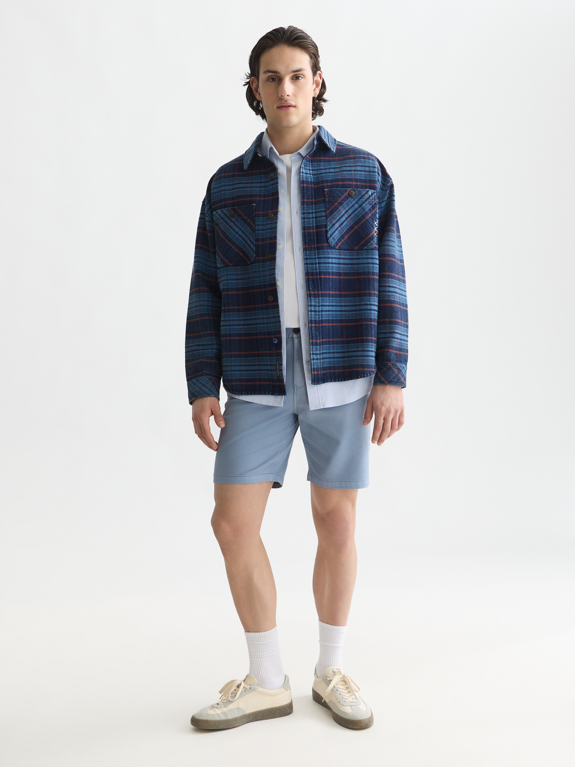Checked denim loose washed overshirt