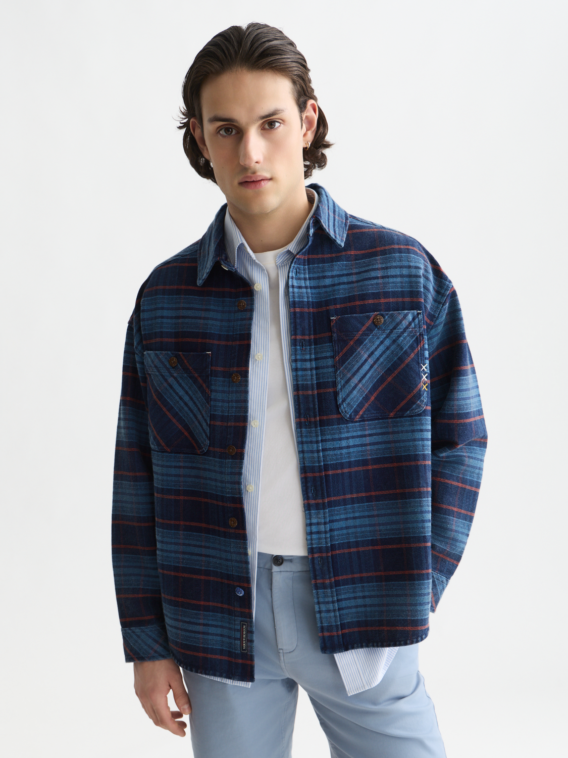 Checked denim loose washed overshirt