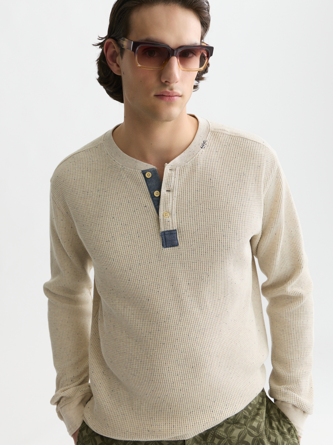 Henley melange long-sleeved T-shirt