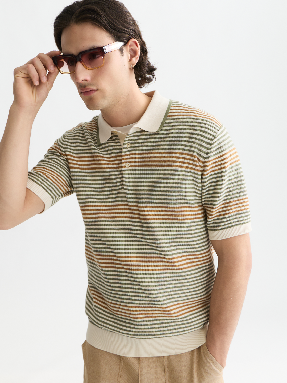 Striped structured knitted polo