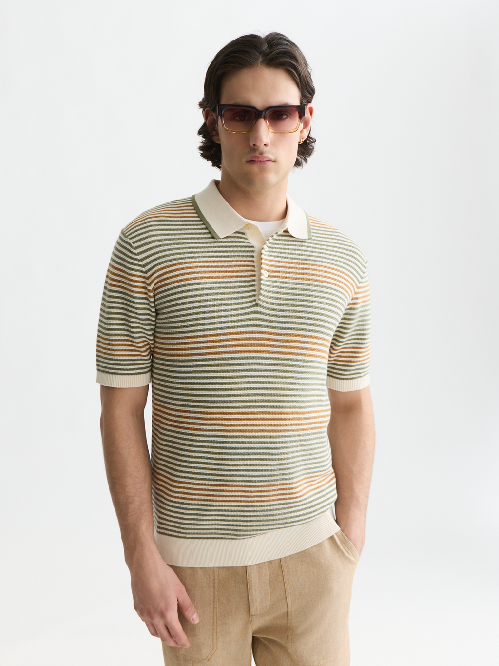Striped structured knitted polo