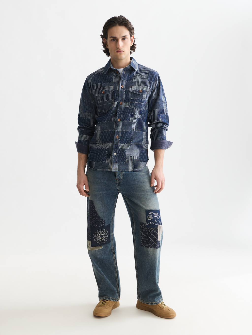 Denim patchwork relaxed overshirt