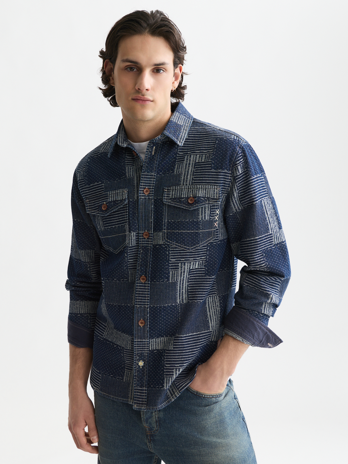 Denim patchwork relaxed overshirt